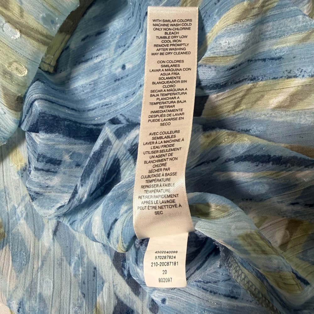 Chico's Abstract Palm Print Clip Dot Metallic Blouse Blue Green Size 1 Medium - Picture 12 of 12